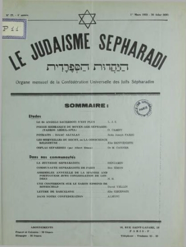 Le Judaïsme Sephardi N°27 (01 mars 1935)